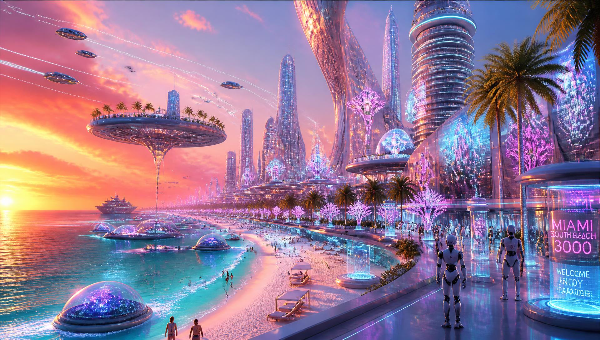 Futuristic Miami South Beach skyline at neon sunset with flying cars and floating towers